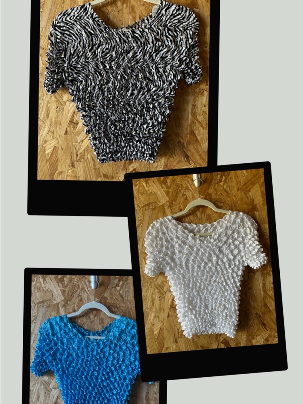 3 Vintage Bubbly Textured Popcorn Tops - Black/White, White and Bright Blue